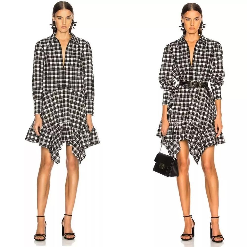 Ganni Women's Charron Checkered Seersucker Shirt Dress Asymmetrical Plaid B/W‎